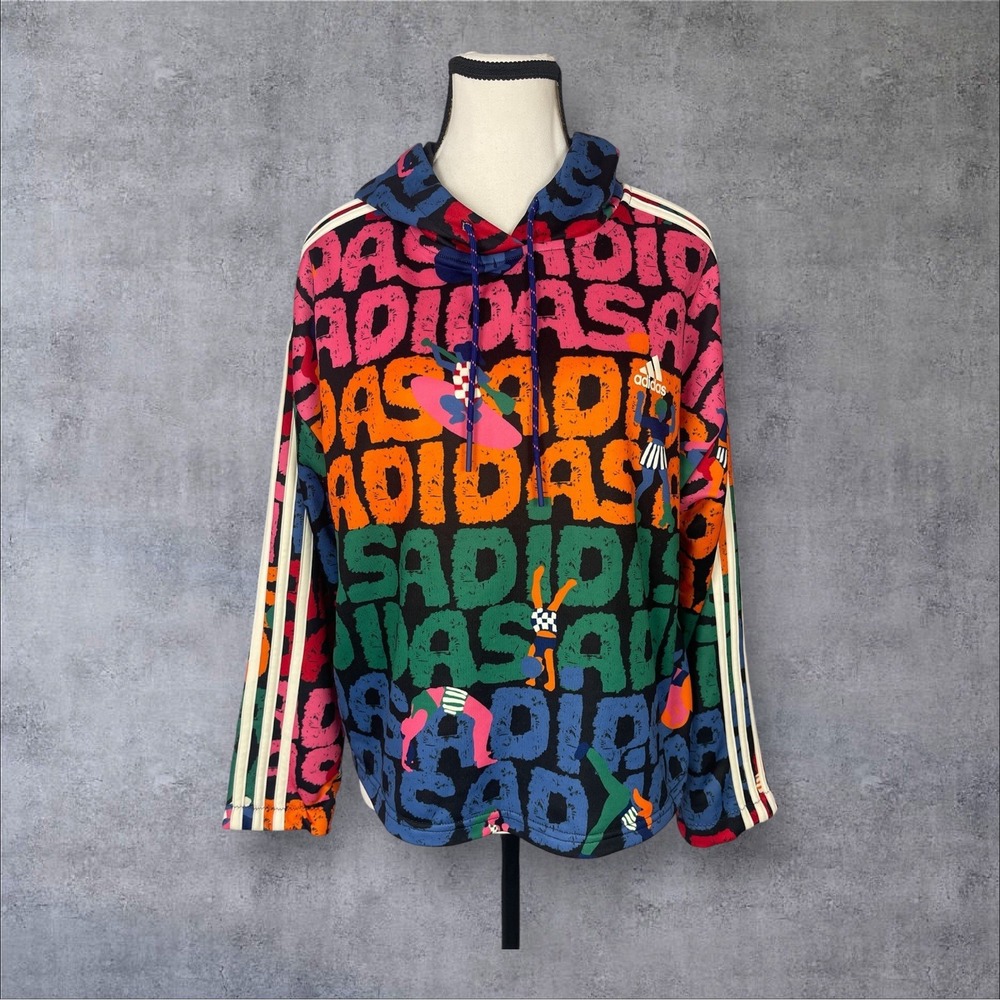 Adidas X Farm Rio 3 Stripes Pullover Hoodie Womens XL All Over Graphic Print